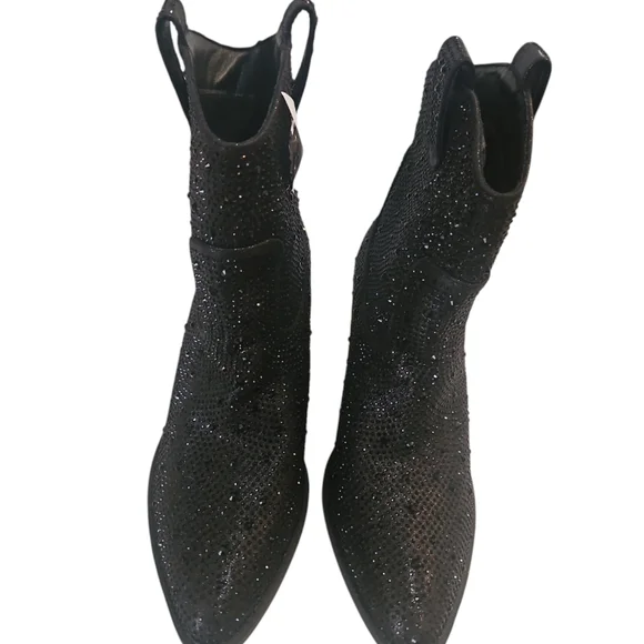 FOREVER RiverWomen Rhimestone Block Chunky Heel Black Glitter Ankle Boots Size 7 - Picture 7 of 13